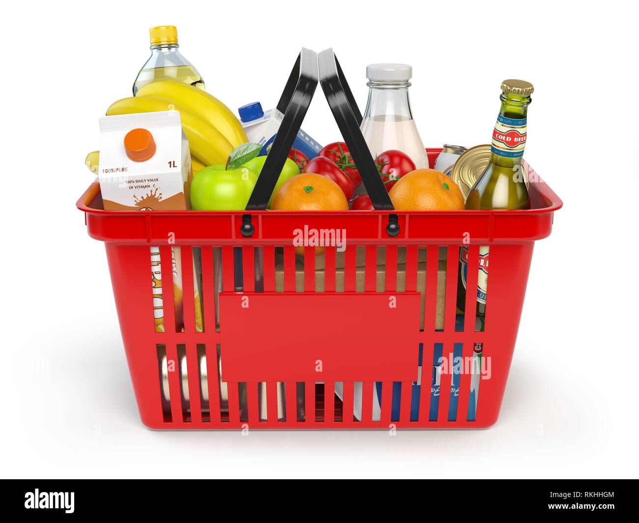 Shopping market basket with variety of grocery products isolated on