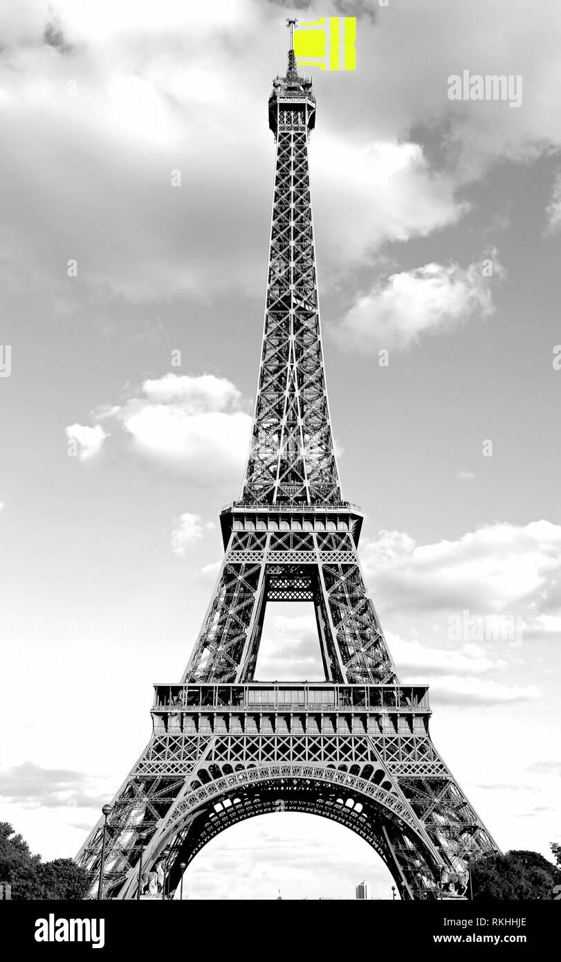 Big jacket such as a flag symbol of Yellow vests movement on Eiffel Tower  in Paris France Stock Photo - Alamy