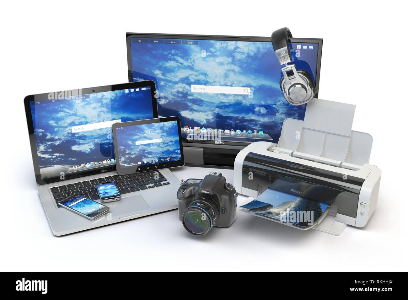 Computer devices and office equipment. Mobile phone, monitor, laptop,  printer, camera, headphones and tablet pc. 3d illustration Stock Photo -  Alamy