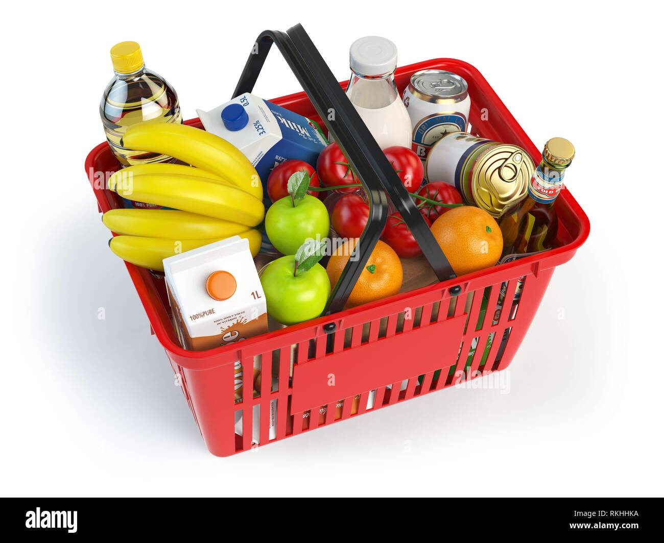 Shopping market basket with variety of grocery products isolated on