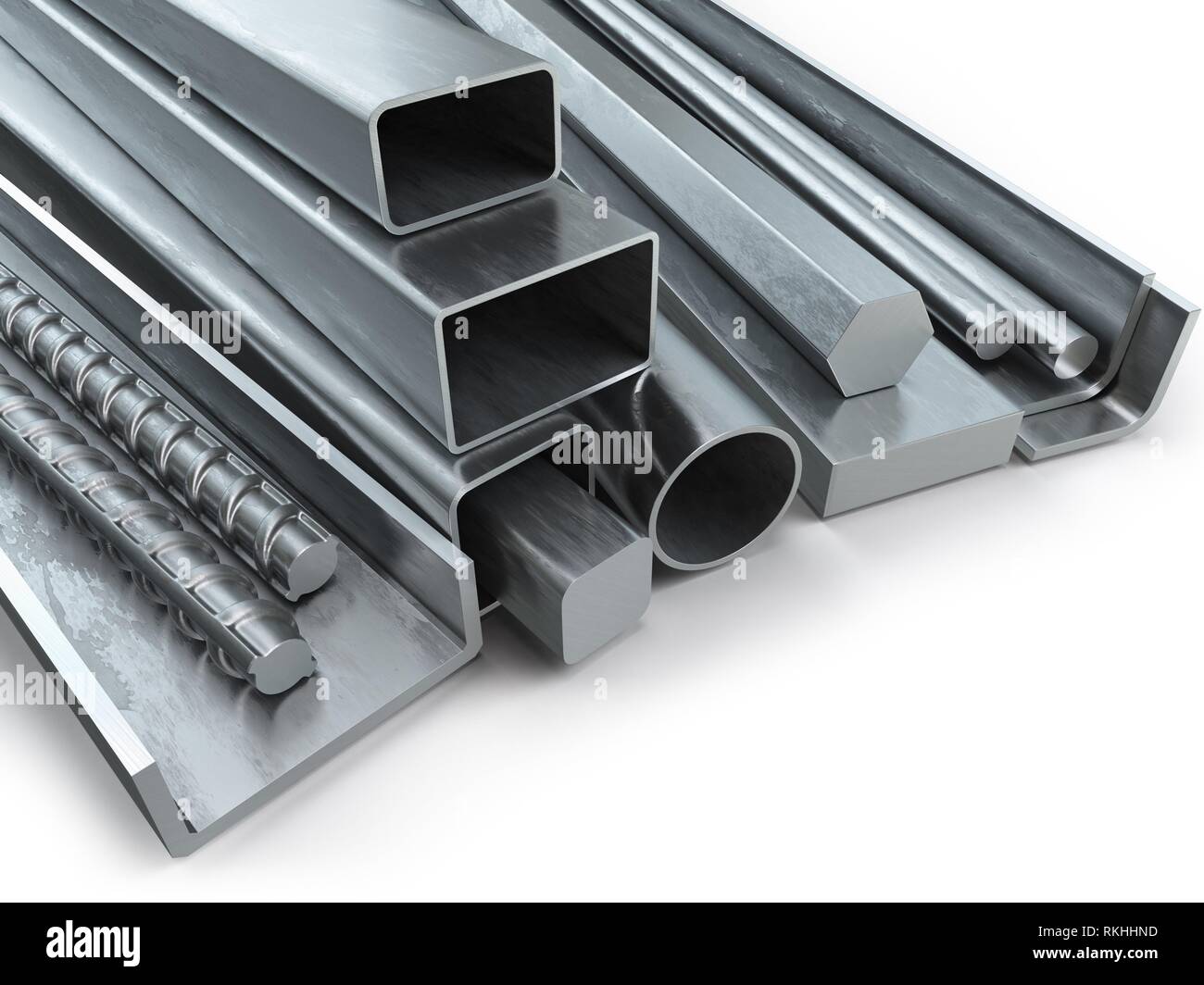 Different metal products. Stainless steel profiles and tubes. 3d