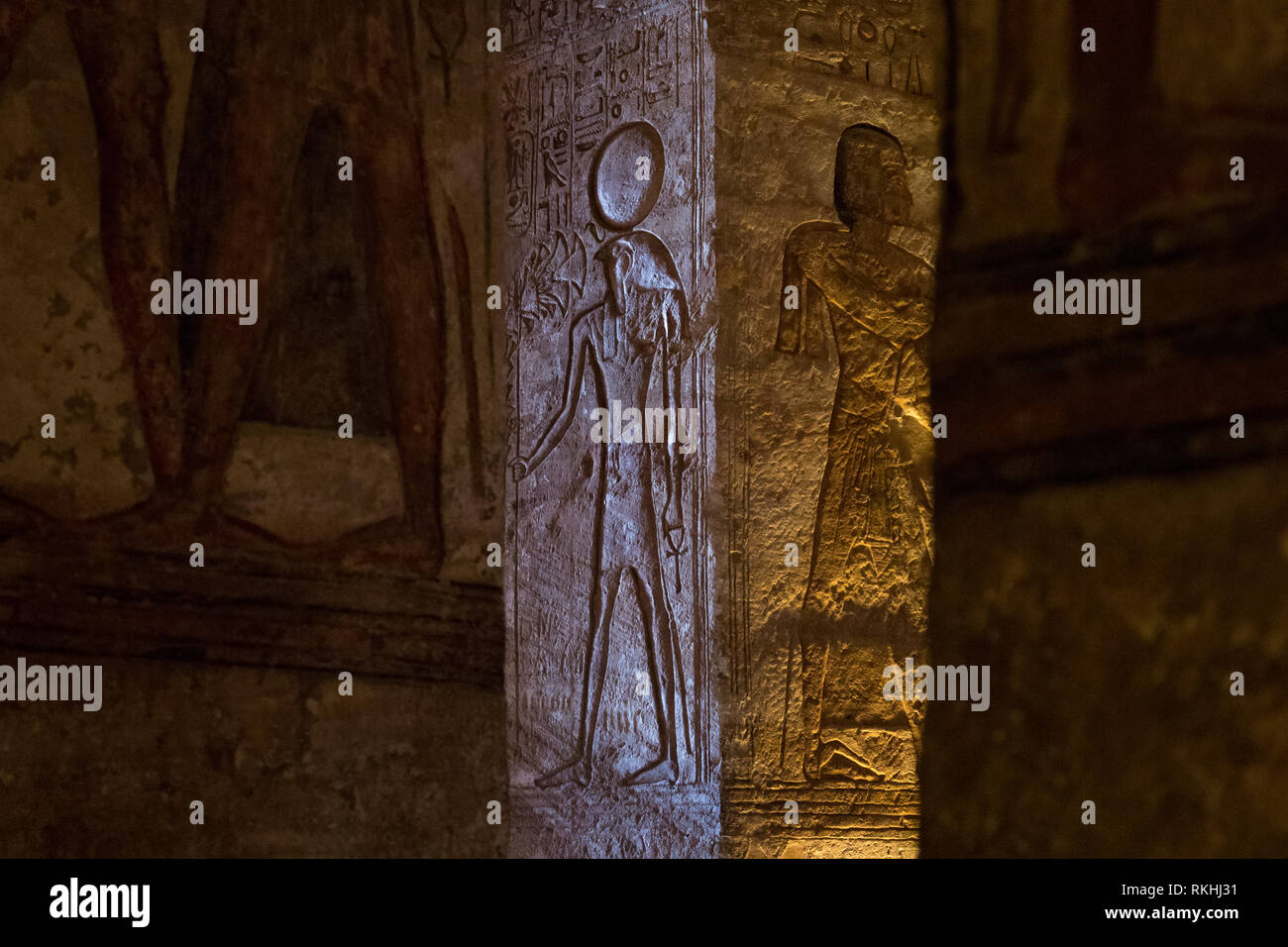 Old Egyptian hieroglyphs at the Abu Simbel great temple of Ramesses the Great Stock Photo