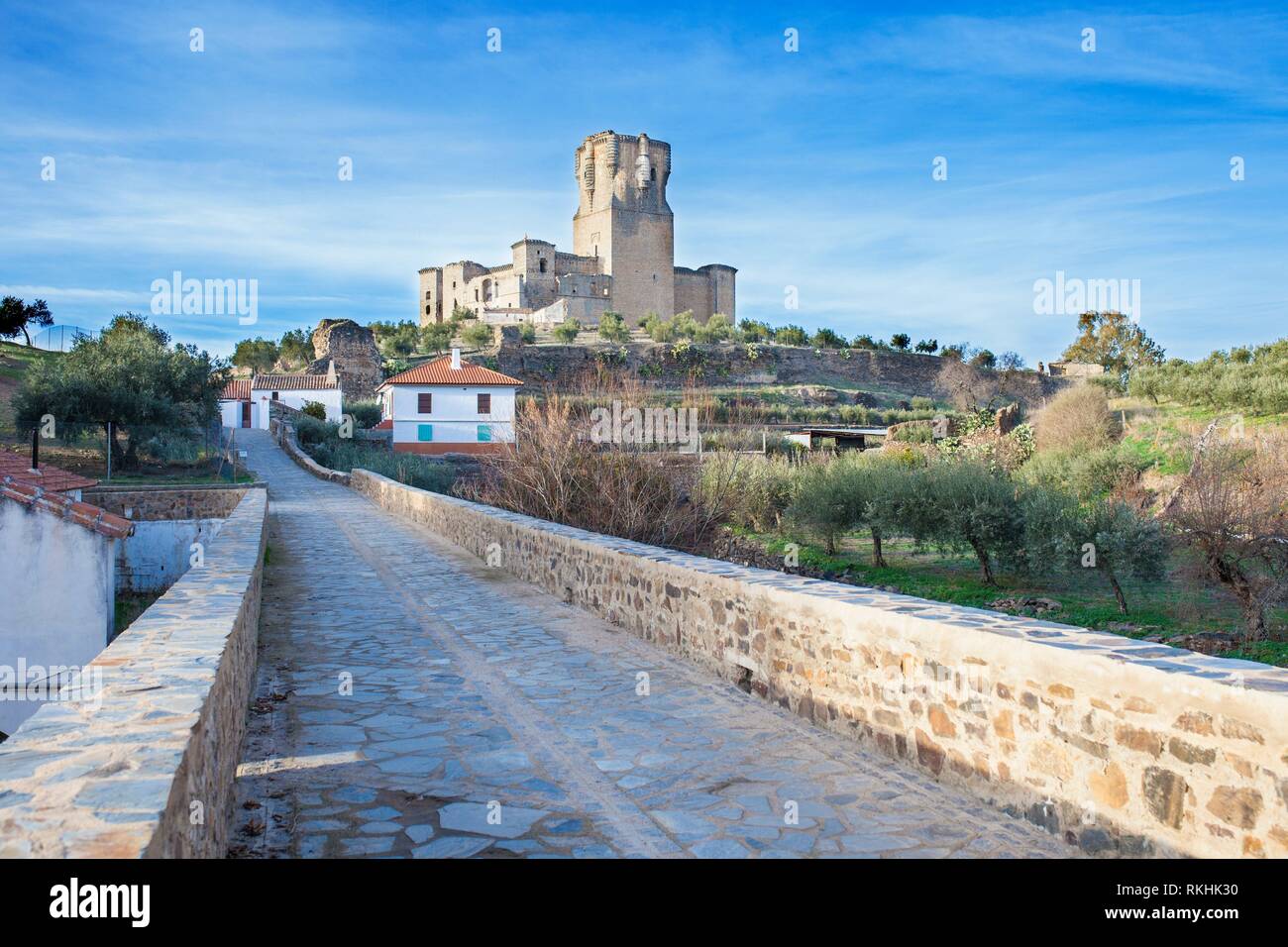 Bridge to Belalcazar Castle, with the highest keep tower of Iberian Peninsula, Cordoba, Spain. Stock Photo