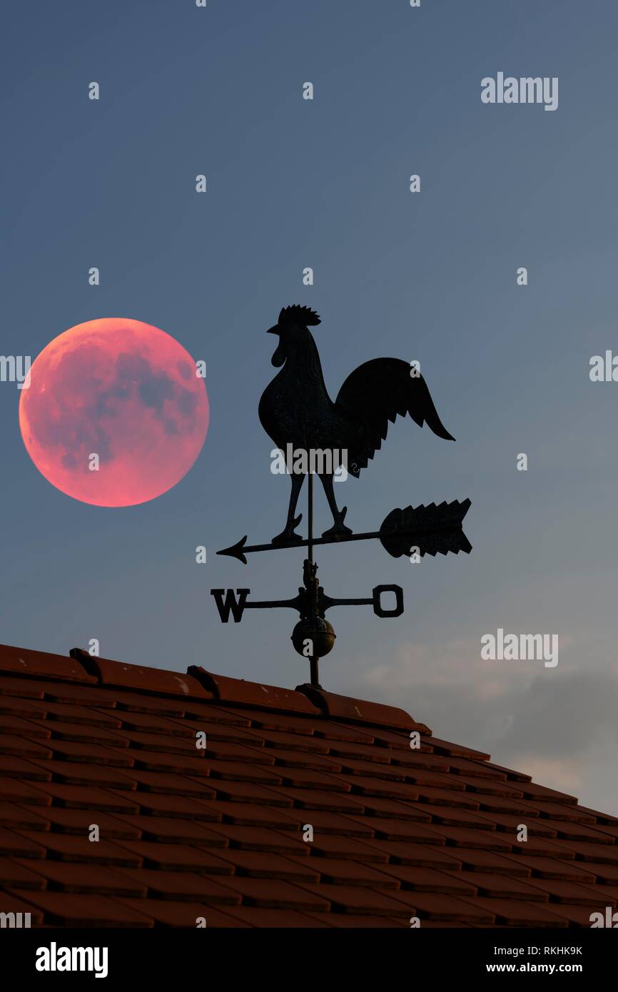 Blood moon over the roof of a house with weather vane with weather cock, Baden-Württemberg, Germany Stock Photo