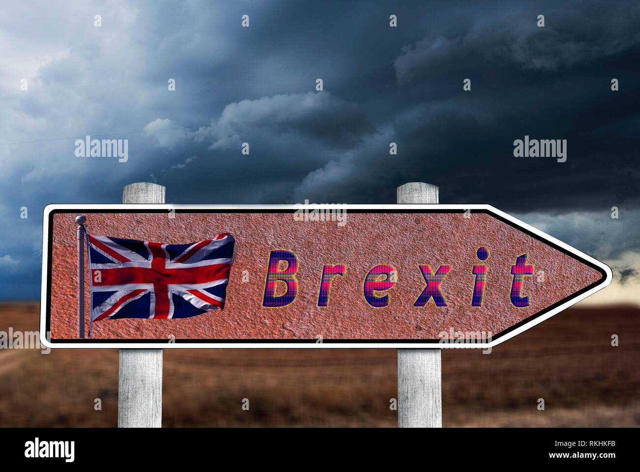 Signpost with british flag and lettering Brexit, threatening, thunderstorm mood, symbolic picture leaving EU, Great Britain Stock Photo
