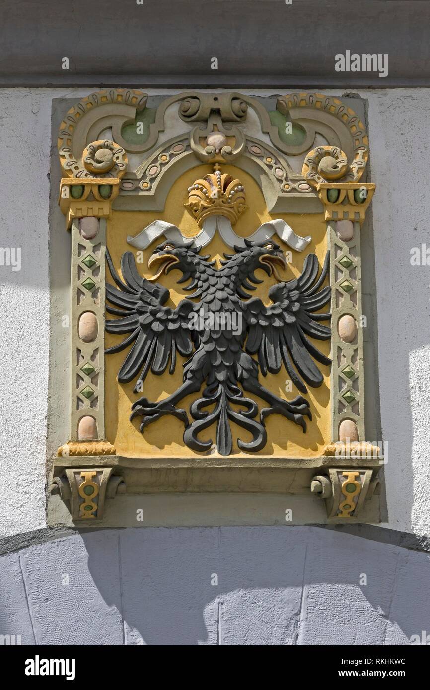 Double eagle, coat of arms on a house wall, old town, Wangen, Allgäu, Baden-Württemberg, Germany Stock Photo