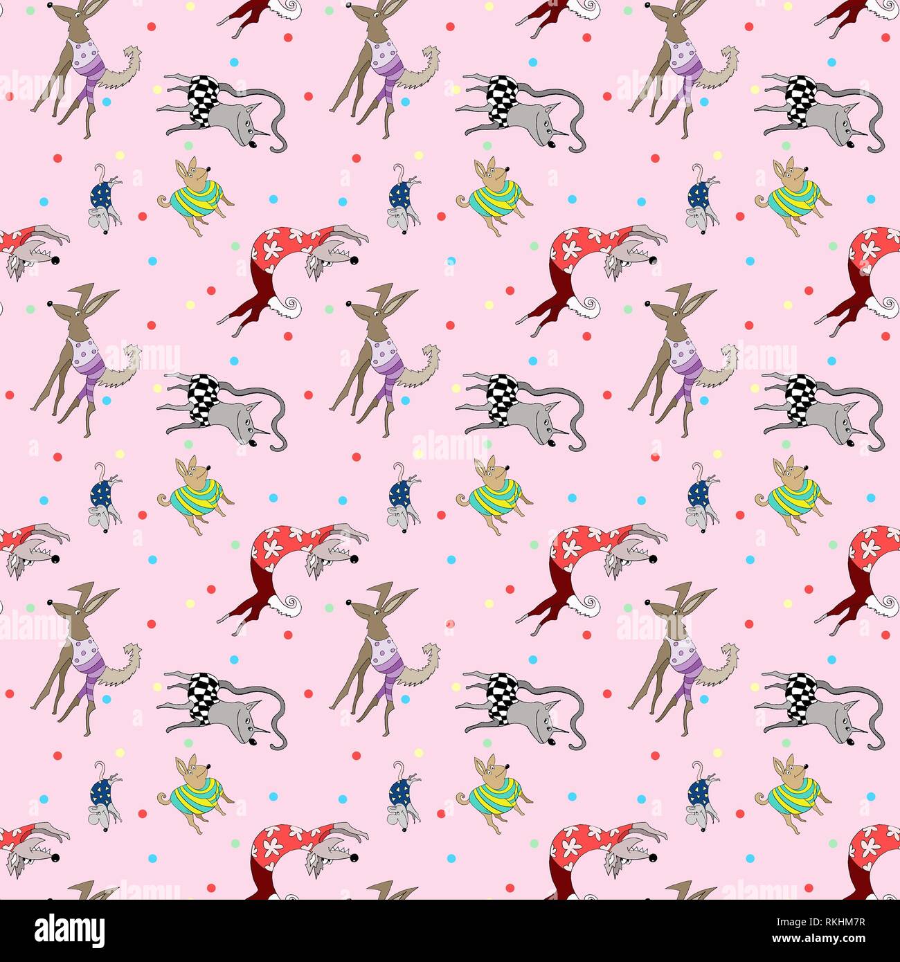 Wallpaper, wrapping paper, seamless pattern, crazy animals, dog, cat, mouse with clothes, background pink, Germany Stock Photo