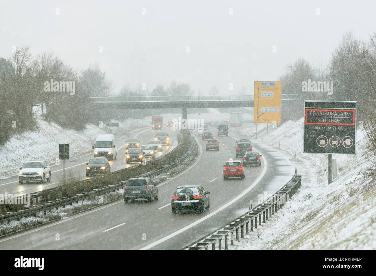 Motorway, road traffic in winter with heavy snowfall, Stuttgart, Baden-Württemberg, Germany Stock Photo