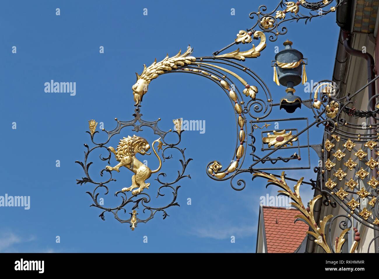 Wrought-iron hanging shop sign, Old Town, Wangen, Allgäu,  Baden-Württemberg, Germany Stock Photo - Alamy