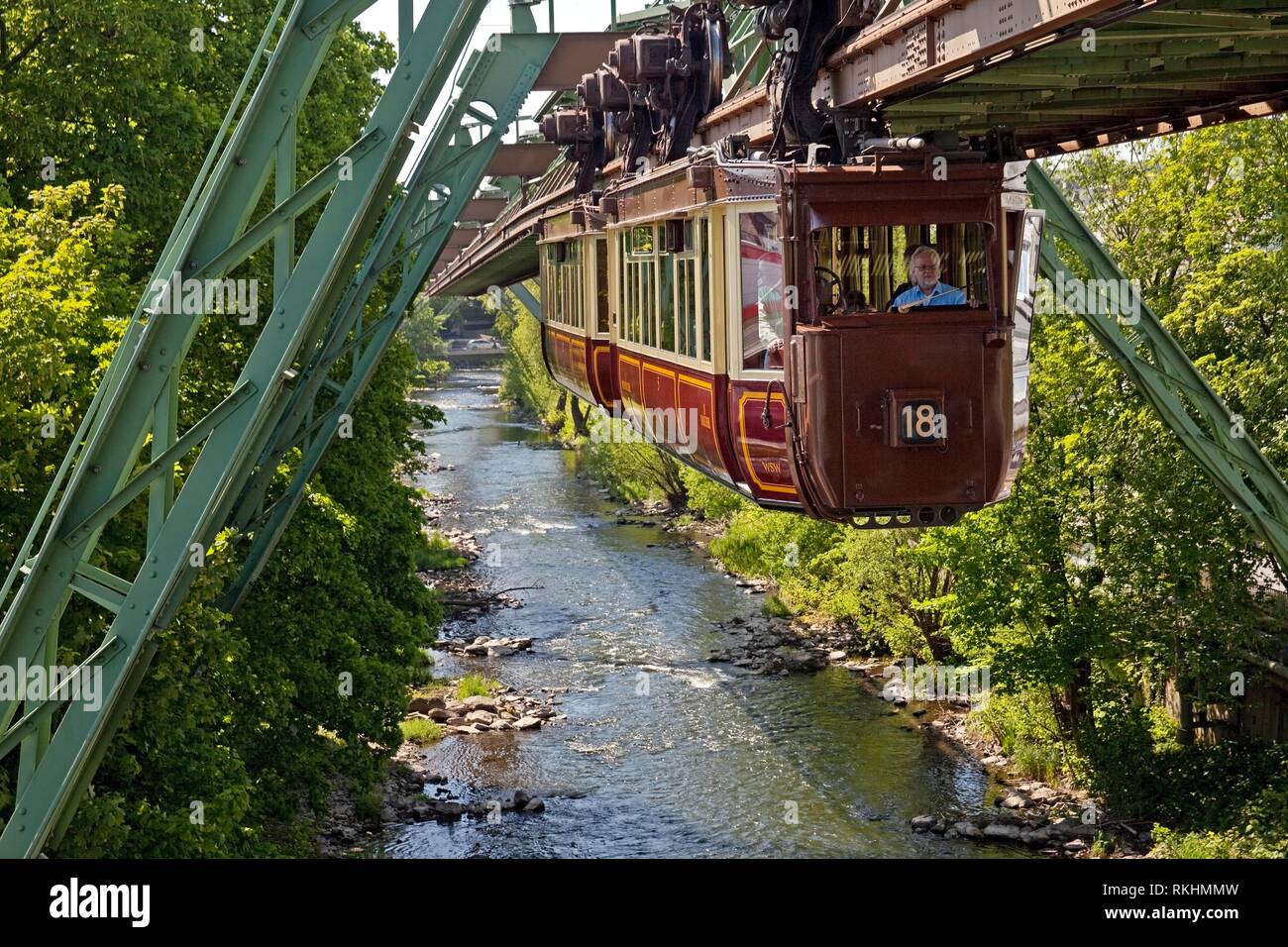 Historic Kaiserwagen, Wuppertal suspension railway, over the river Wupper, Wuppertal, Bergisches Land, North Rhine-Westphalia Stock Photo