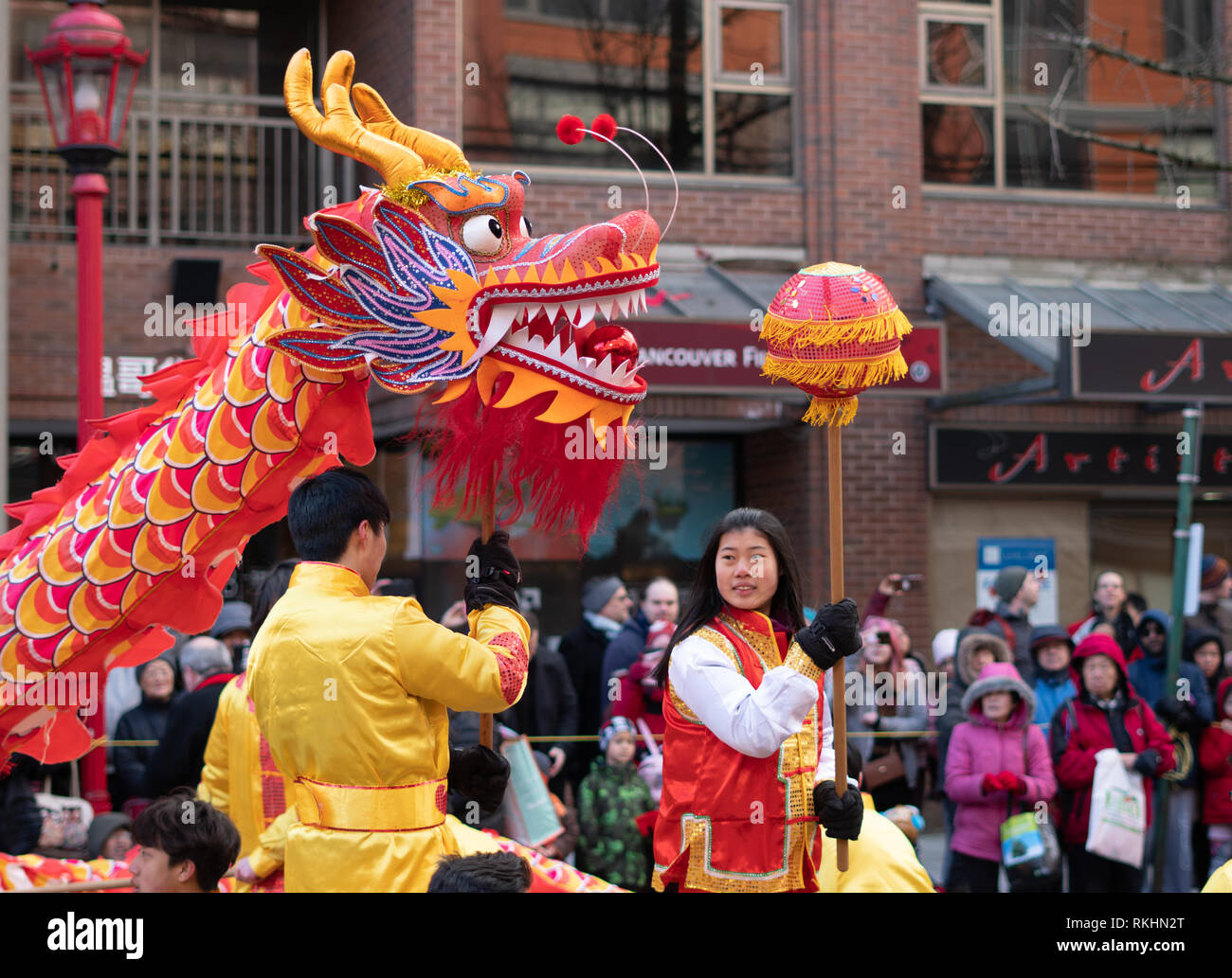 A group performs a Chinese Dragon dance in the 2019 Chinese New Year parade Stock Photo
