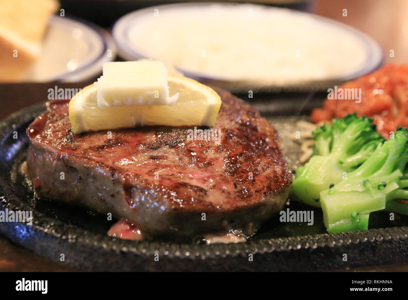 grilled beef sirloin steak with side dishes Stock Photo Alamy