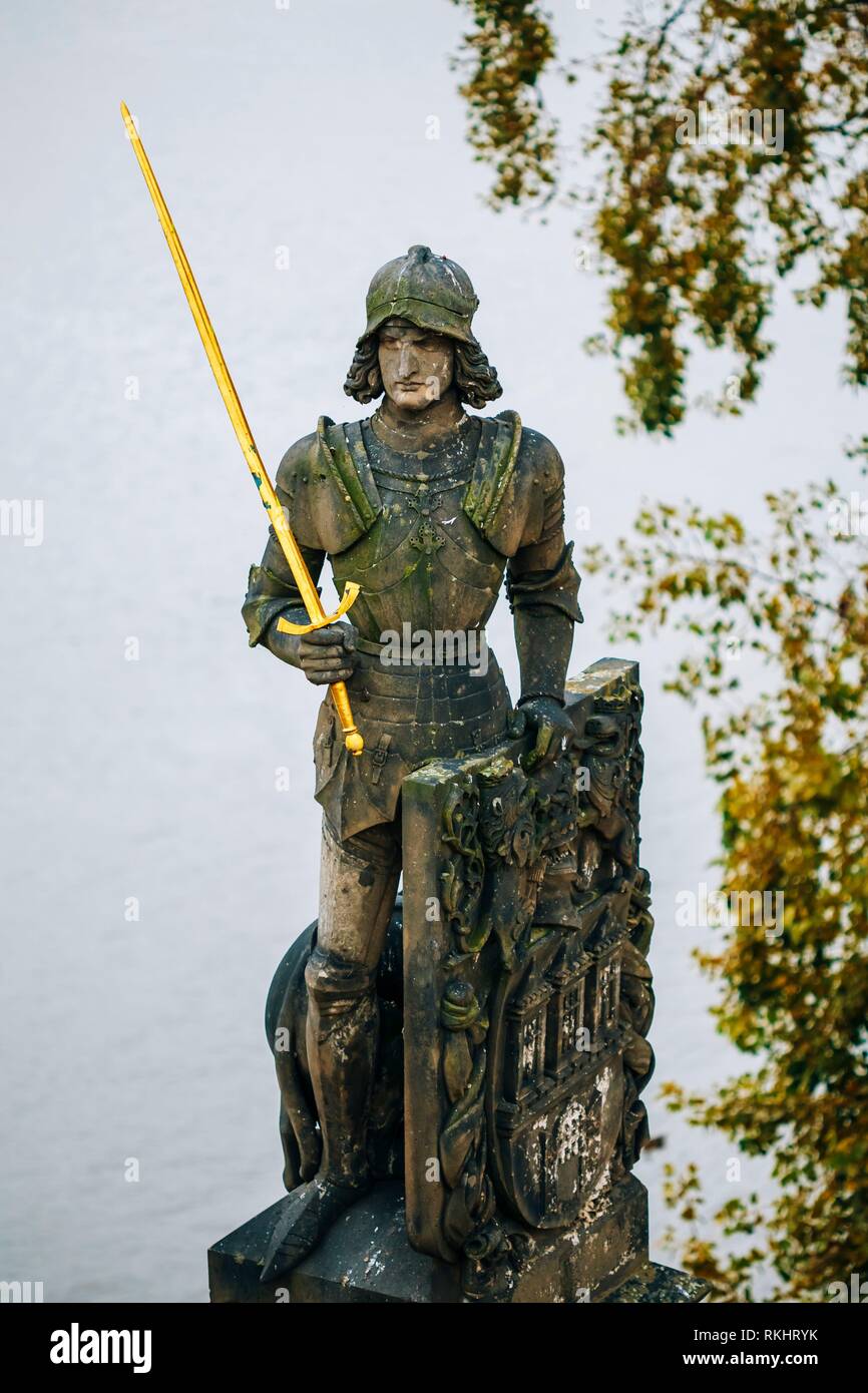 Statue of the knight Bruncvik on Charles bridge, Prague, Czech republic