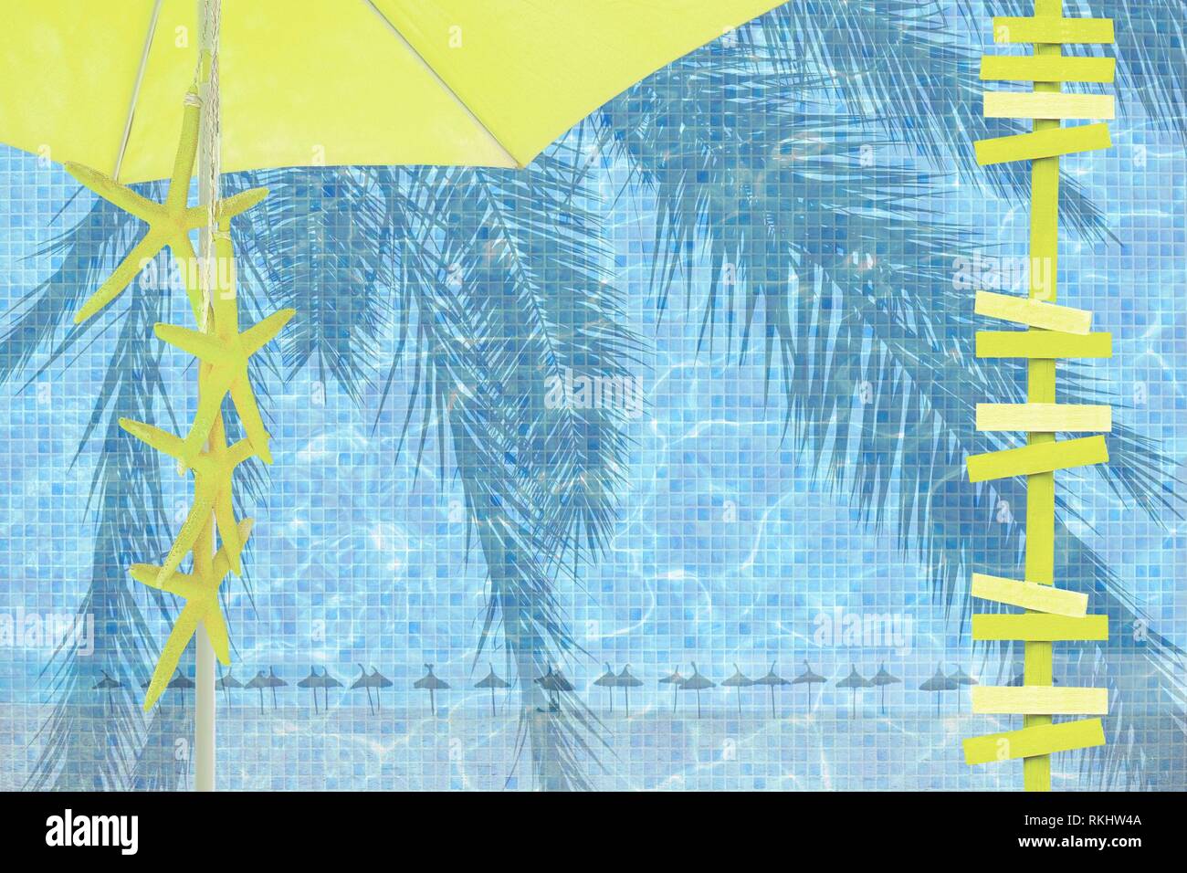 Yellow parasol arrows yellow starfish mood ad space summer resort theme background. Stock Photo