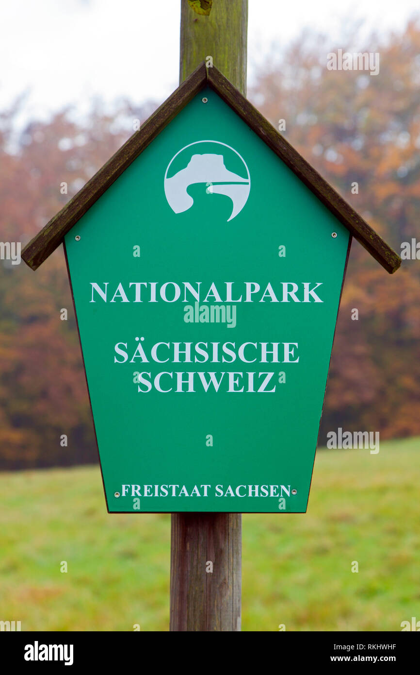 Sign with logo of the Saxon Switzerland National Park / Nationalpark Sächsische Schweiz, Saxony, Germany Stock Photo