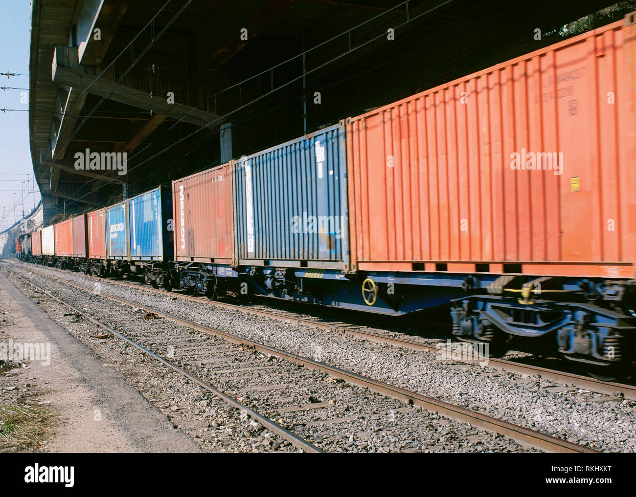 Merchandise train loaded with containers. Barcelona, Catalonia, Spain. Stock Photo