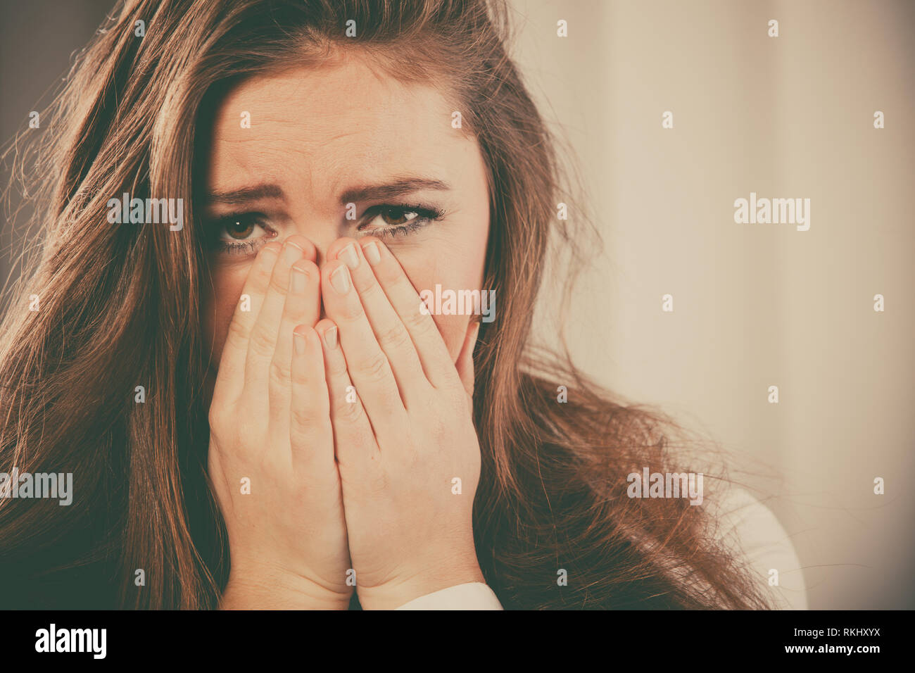 Woman head in hands sad tears hi-res stock photography and images - Alamy