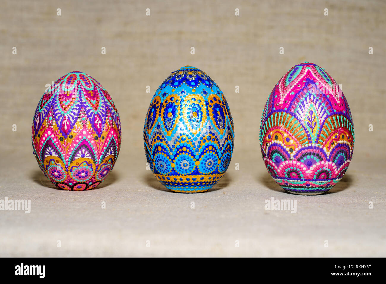 the Easter eggs, the hand-painted with acrylic paints Stock Photo