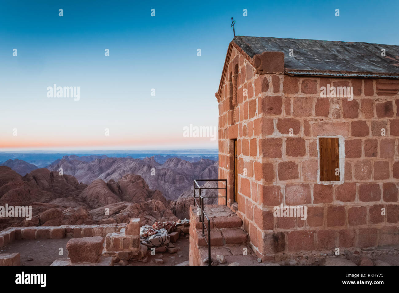Chirch on top of Mount Moses at Sinai desert Egypt at dawn Stock Photo