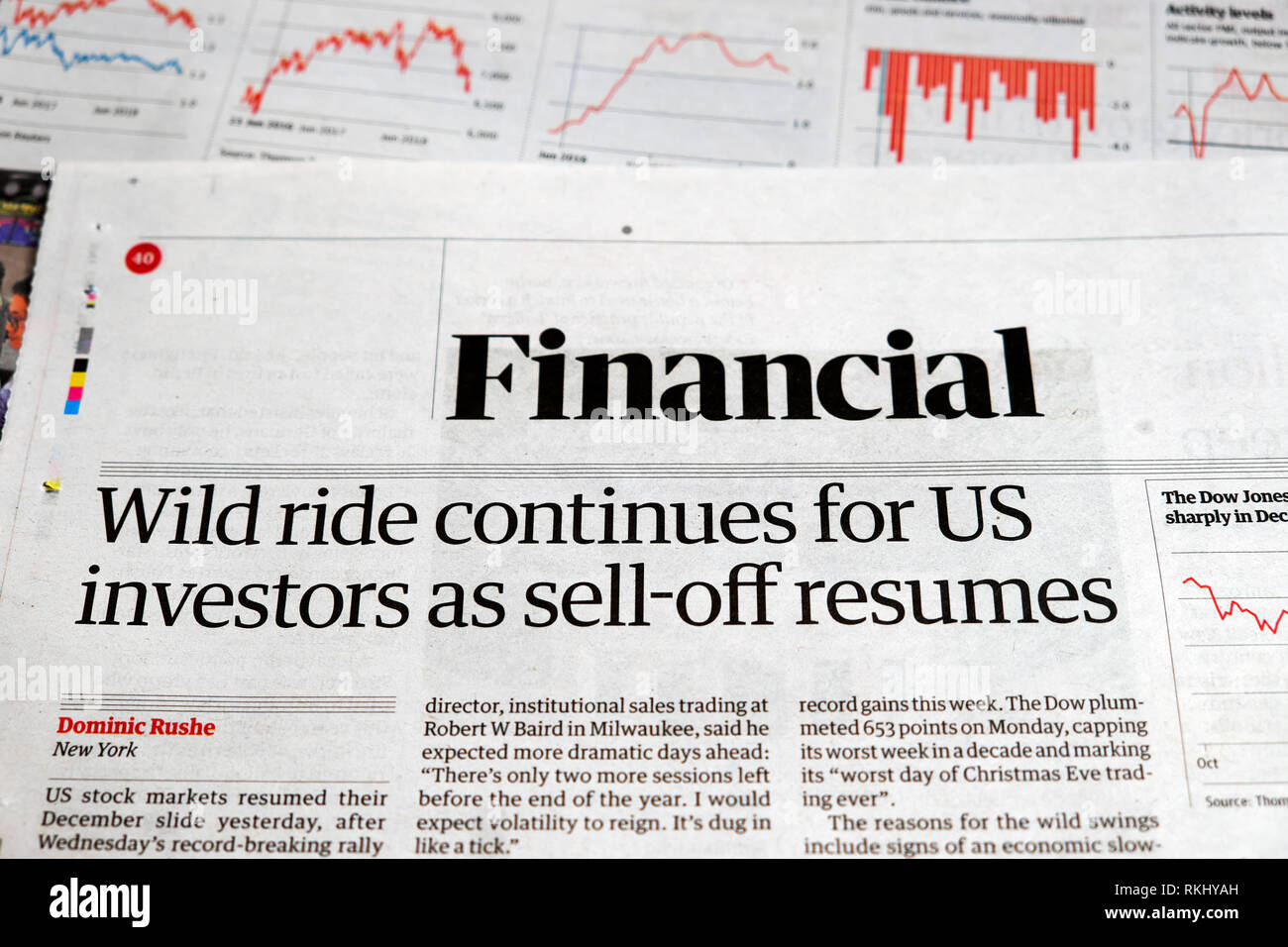 'Wild ride continues for US investors as sell-off resumes' Financial newspaper article headline in the Guardian newspaper December 2018 London UK Stock Photo