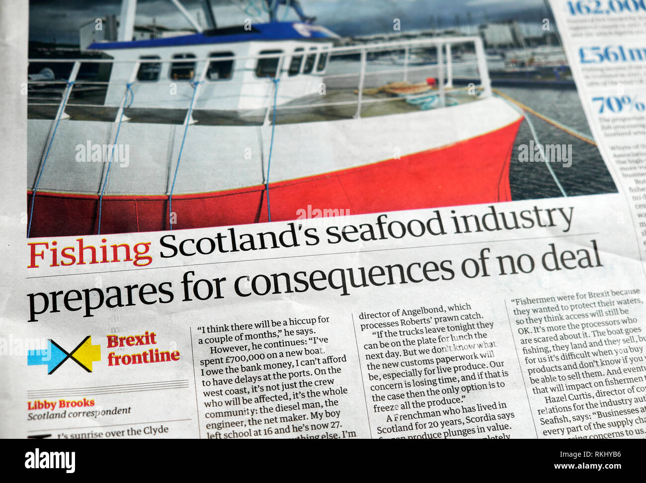 'Fishing Scotland's seafood industry prepares for consequences of no deal' Brexit Guadian newspaper article January 2019 in London UK Stock Photo