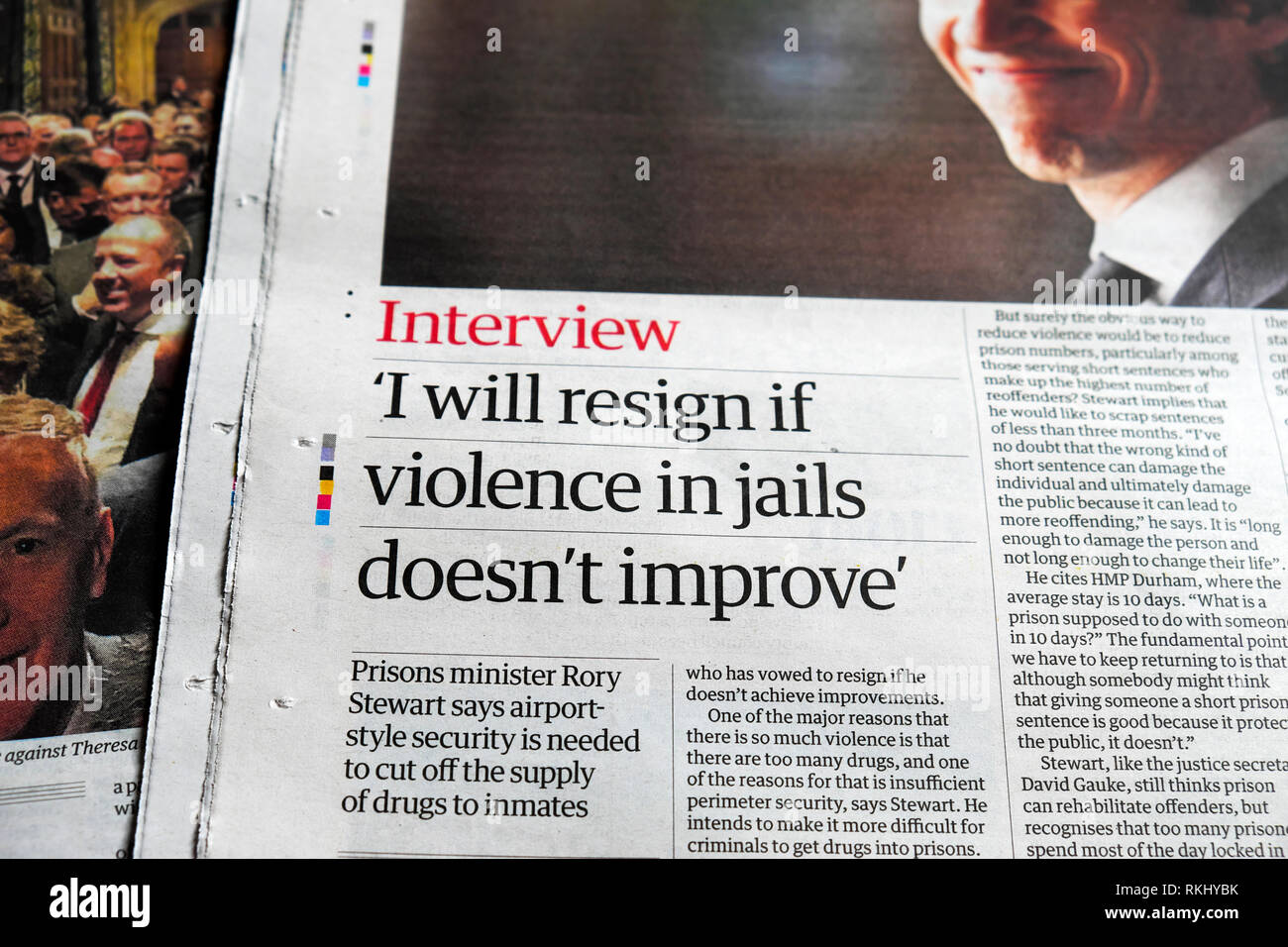 Prisons minister Rory Stewart interview  'I will resign if violence in jails doesn't improve' in Guardian newspaper January 2019 London England UK Stock Photo