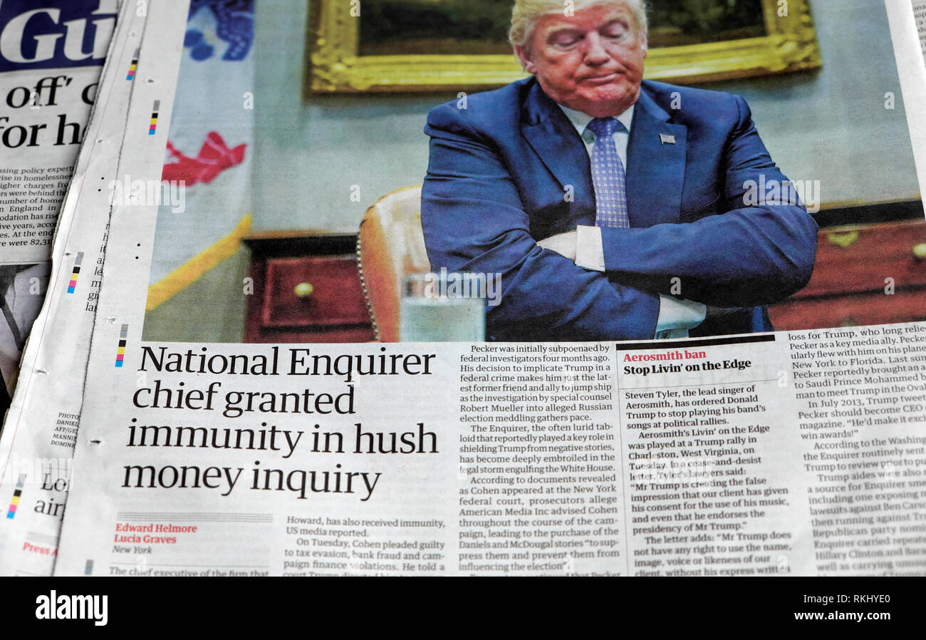 'National Enquirer chief granted immunity in hush money inquiry' Guardian newspaper headline article in London England UK August 2018 Stock Photo