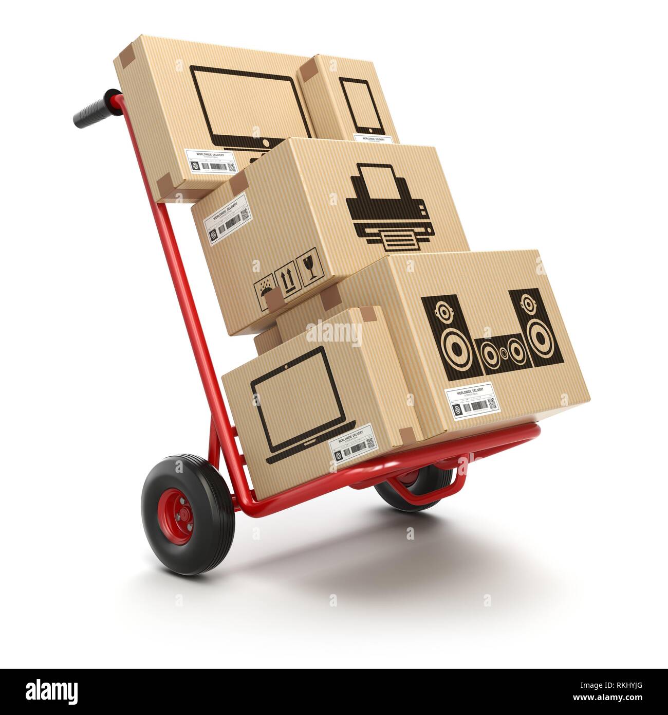 Sale and delivery of computer technics concept. Hand truck and cardboard boxes with PC, laptop, computer monitor and printer isoolated on white. 3d Stock Photo