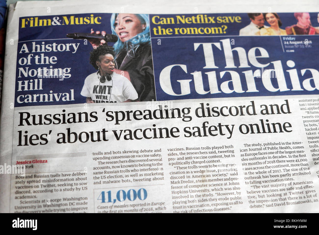 'Russians 'spreading discord and lies' about vaccine safety online' front page headline in the Guardian newspaper August 2018 London UK Stock Photo