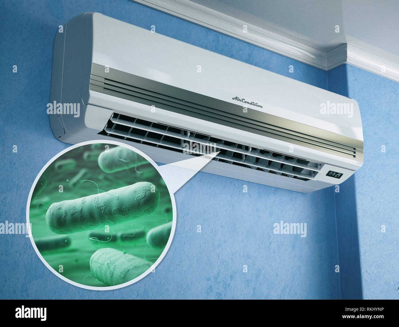 Air conditioner and bacterias llebsiella or legionella pneumophila. 3d