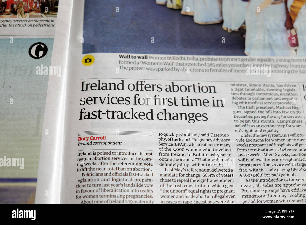 'Ireland offers abortion services for first time in fast-tracked changes' Guardian newspaper article headline January 2019 London England UK Stock Photo