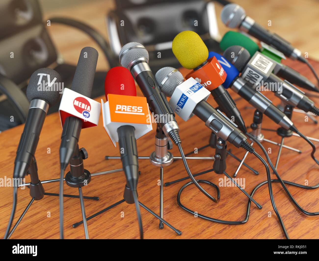 Press conference or interview concept. Microphones of different mass media, radio, tv and press prepared for conference meeting. 3d illustration. Stock Photo