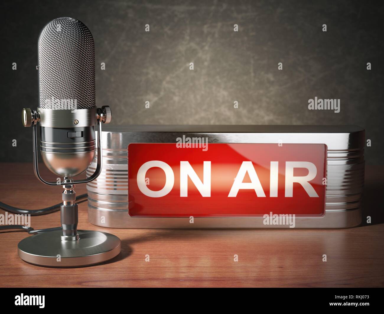 Vintage microphone with signboard on air. Broadcasting radio station  concept. 3d illustration Stock Photo - Alamy