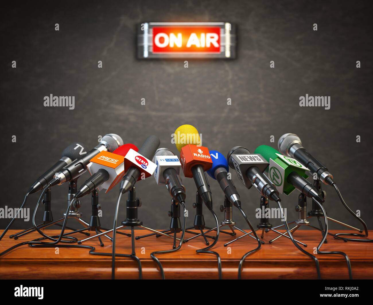 Press conference or interview on air. Microphones of different mass media, radio, tv and press prepared for conference meeting. 3d illustration. Stock Photo