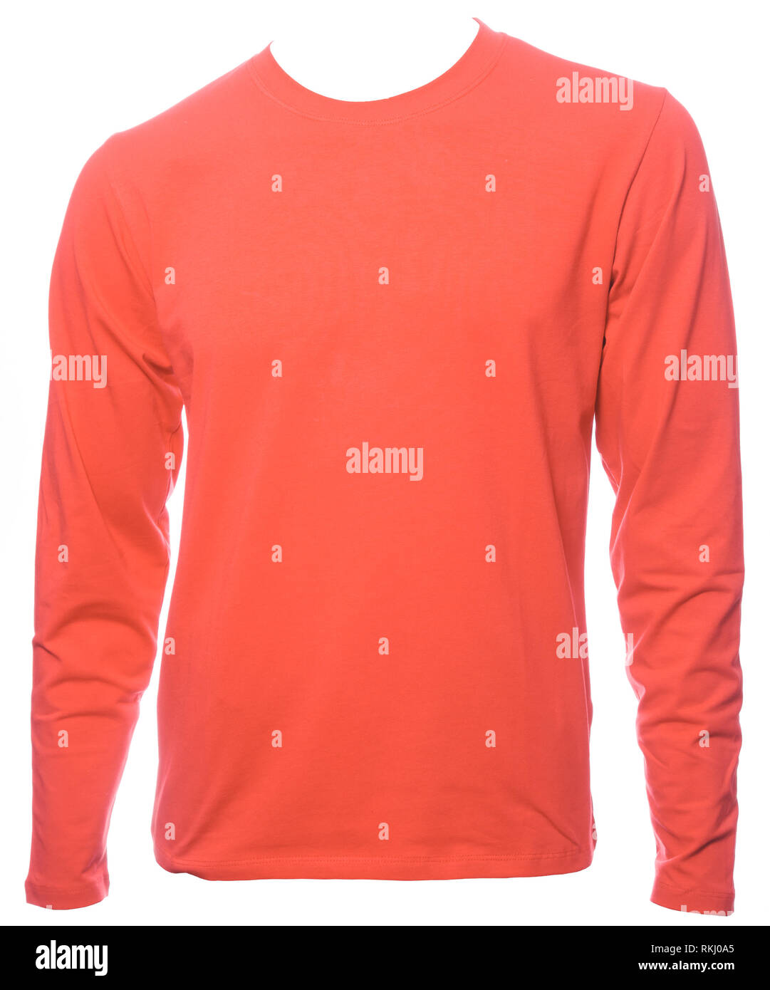 Living coral trendy color of the year 2019 plain long sleeved cotton T-Shirt template isolated on a white background Stock Photo