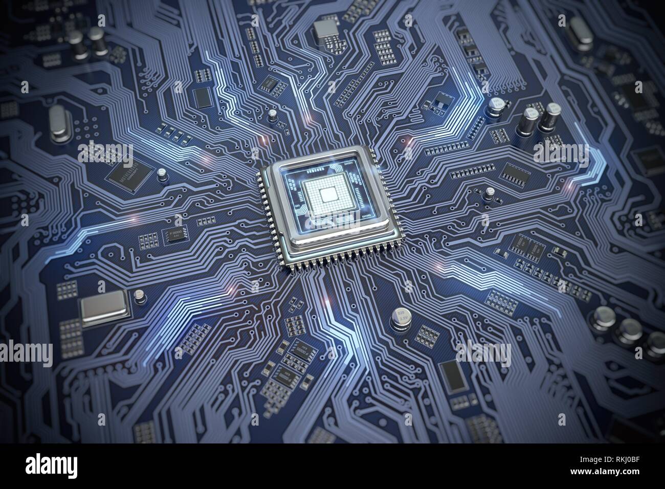 Circuit board with CPU. Motherboard system chip with glowing processor