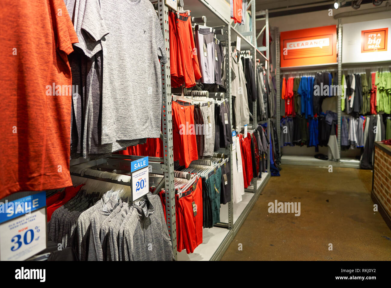 NEW YORK - MARCH 18, 2016: inside of Old Navy store in New York. Old Navy is an American clothing and accessories retailer owned by American multinati Stock Photo