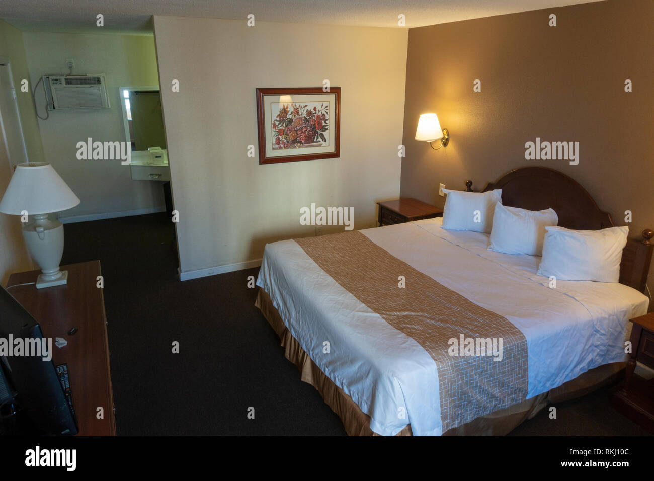 Typical bedroom at the Travelodge Las Vegas Center Strip two star hotel, Las Vegas, Nevada, United States. Stock Photo