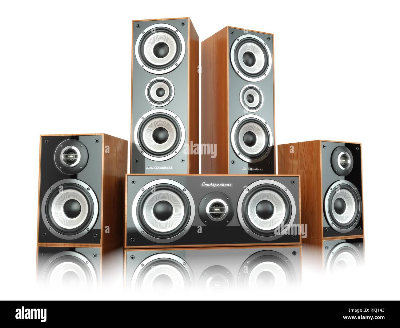 Group of audio speakers. Loudspeakers isolated on white. 3d Stock Photo