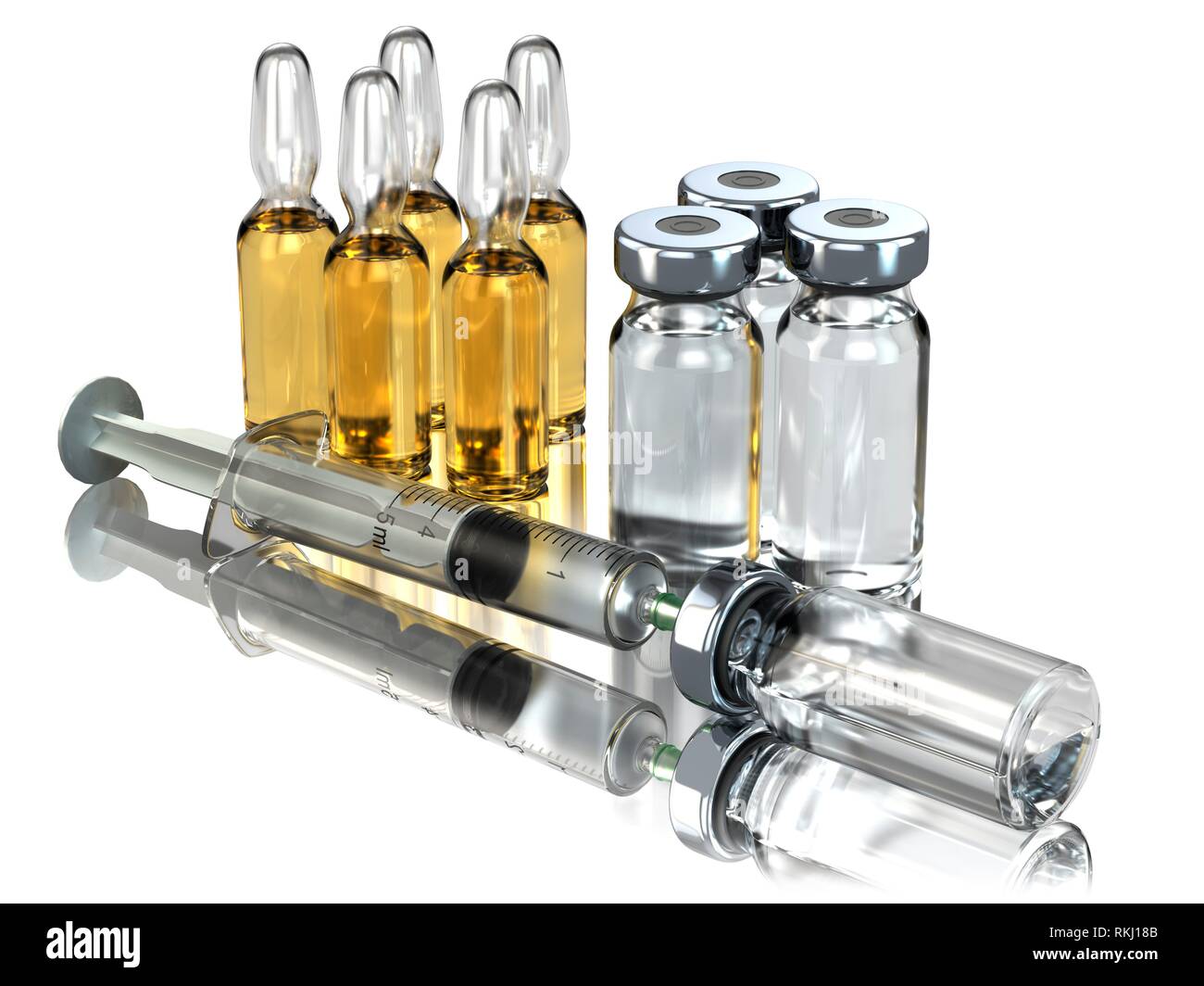 Medicine concept. Syringe and ampoules or vials isolated on white. 3d