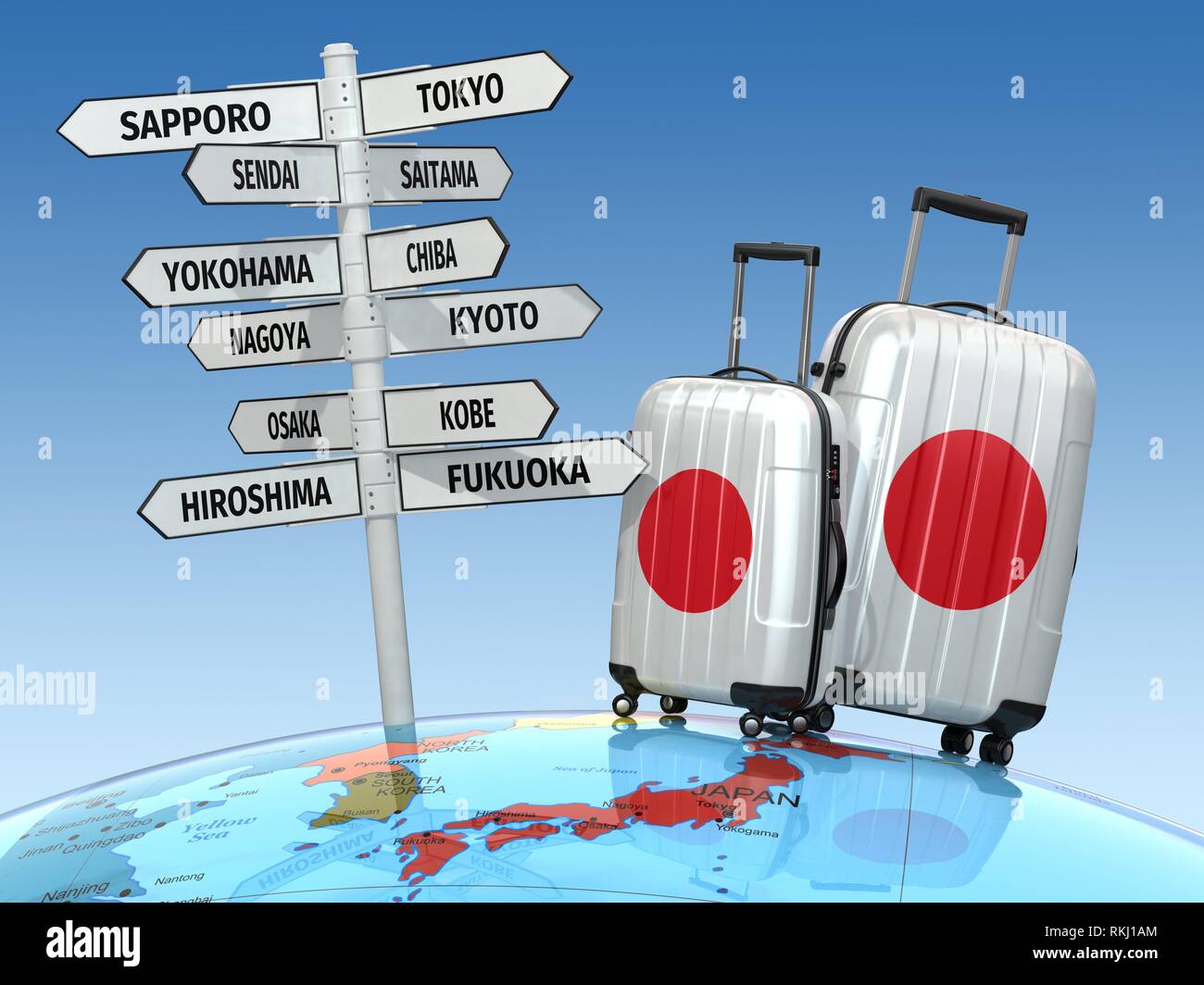 Travel concept. Suitcases and signpost what to visit in Japan. 3d Stock