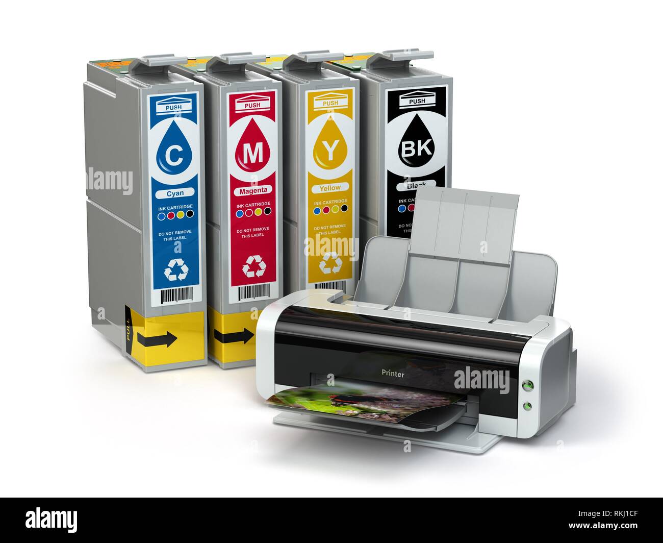 Inkjet CMYK cartridges and printer isolated on white. 3d Stock Photo Alamy