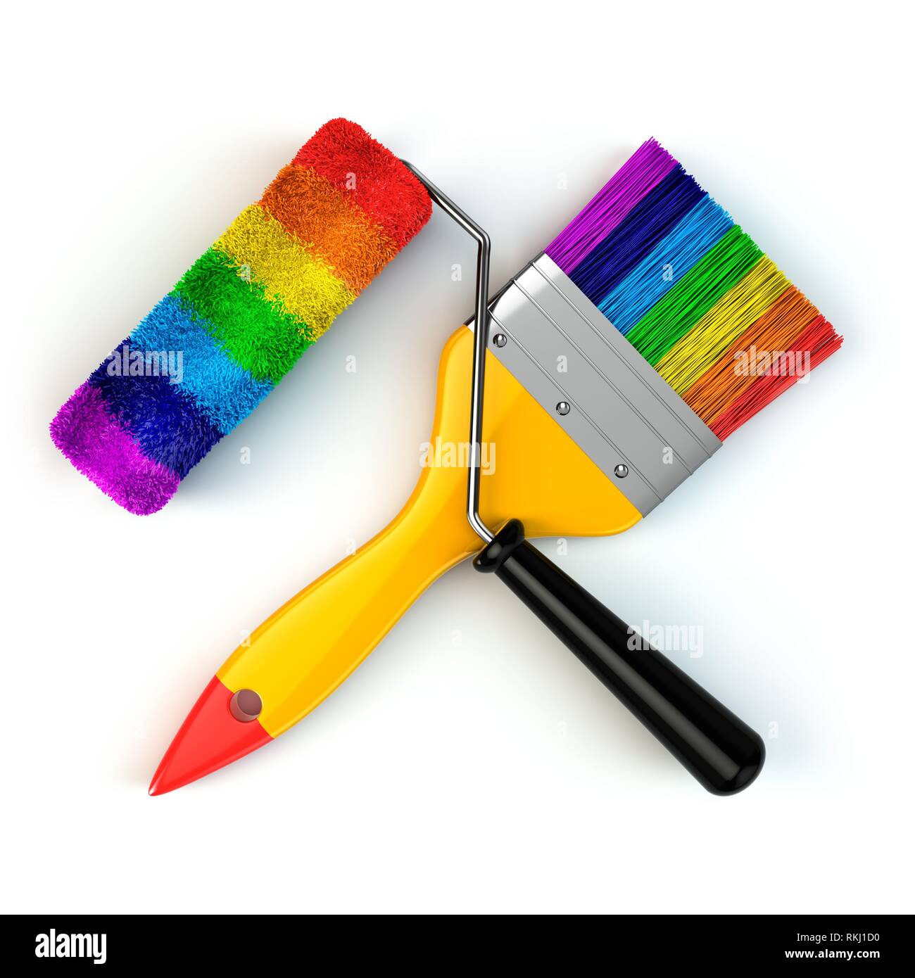 Renovation tools concept. Paint brush and roller in rainbow colors isolated on white. 3d Stock