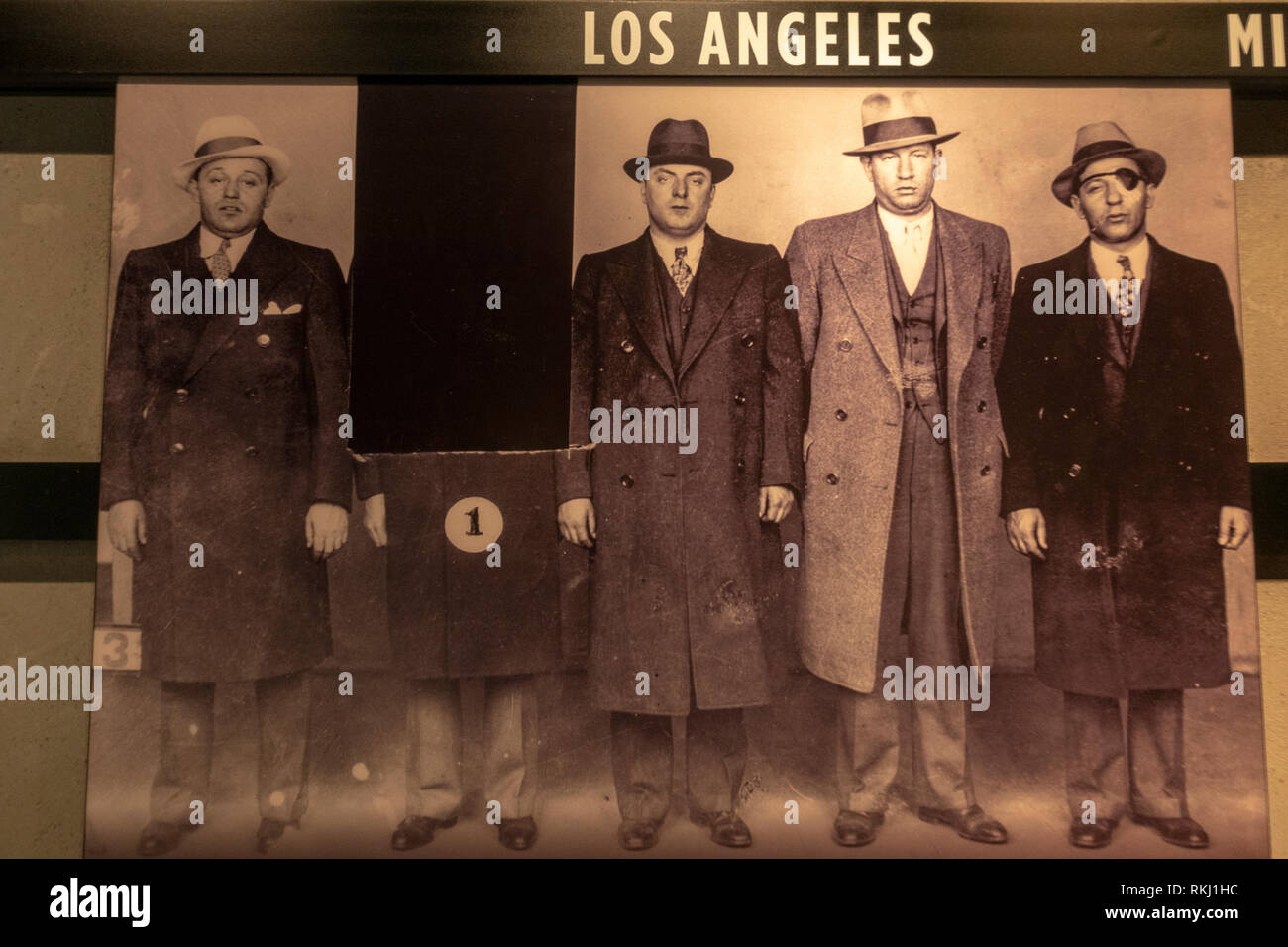 Line-up photo from 1931 with no 1, Ben 'Bugsy' Siegal cut out, The Mob Museum, Las Vegas (City of Las Vegas), Nevada, United States. Stock Photo