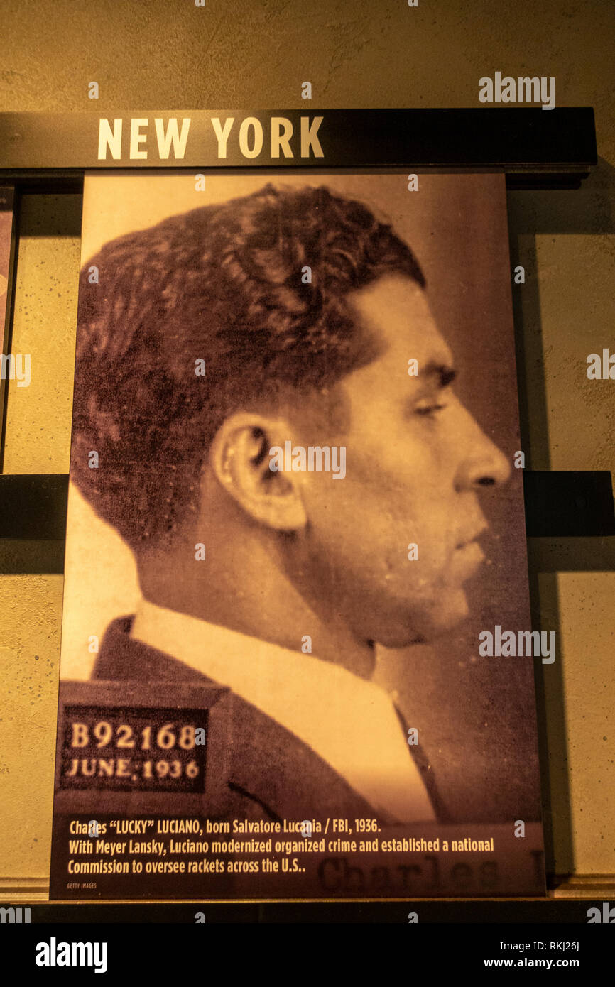 Police mugshot of Charles 'Lucky' Luciano, The Mob Museum, Las Vegas (City of Las Vegas), Nevada, United States. Stock Photo