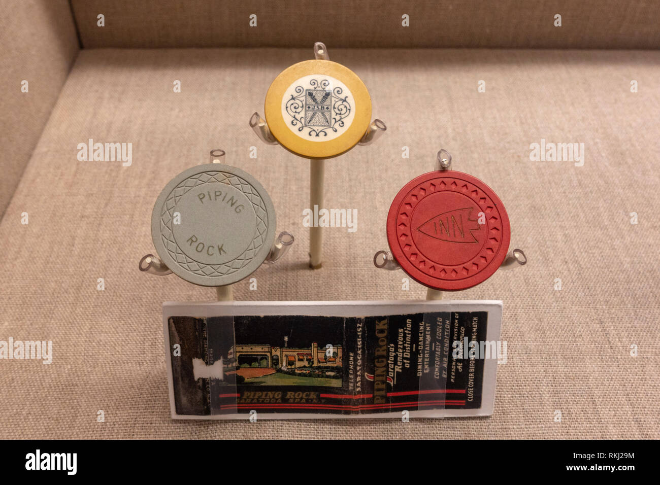 Casino chips and matchbook from Piping Rock and Arrowhead Inn, The Mob Museum, Las Vegas (City of Las Vegas), Nevada, United States. Stock Photo