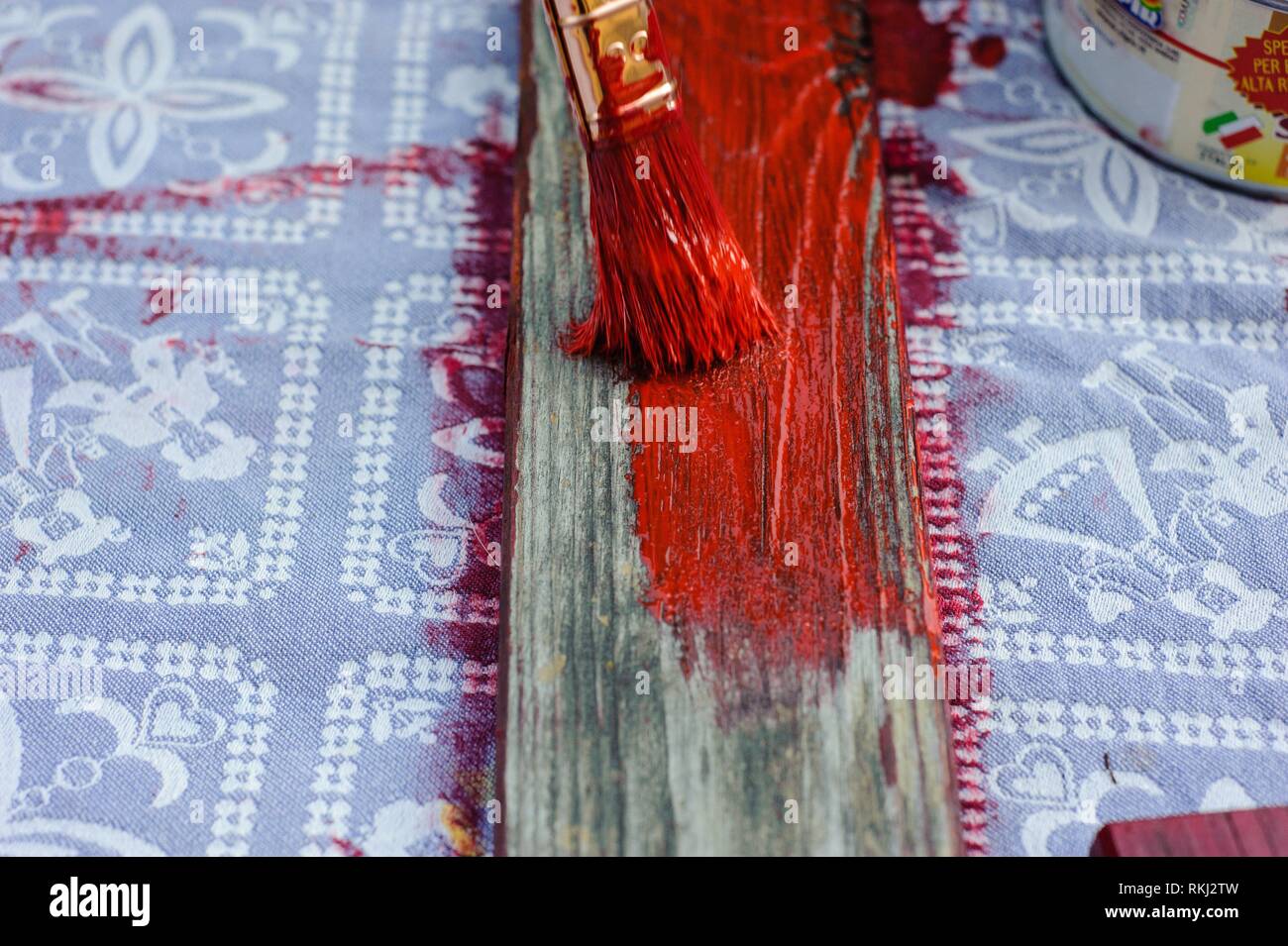 brush color of red wooden plank. Stock Photo