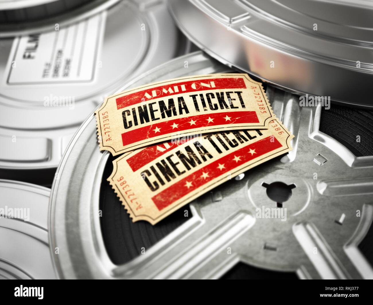 Movie, cinema vintage concept. Tickets on retro film reels and boxes. 3d. Stock Photo