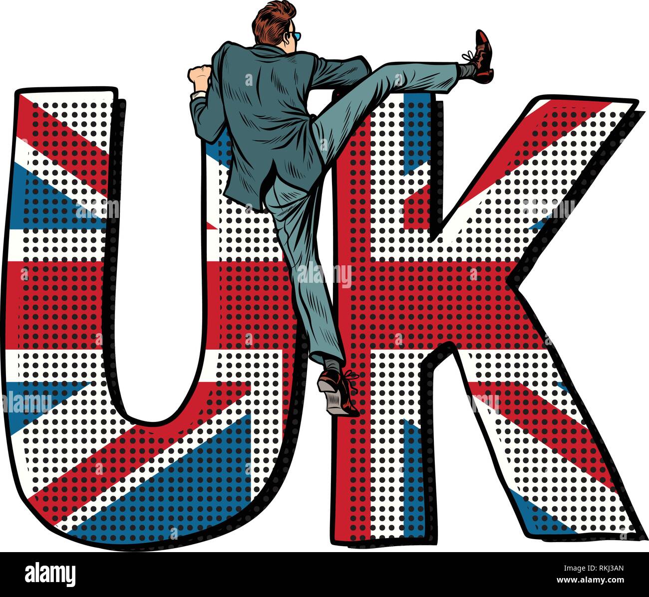 businessman overcomes the border. UK word flag. isolate on white background Stock Vector