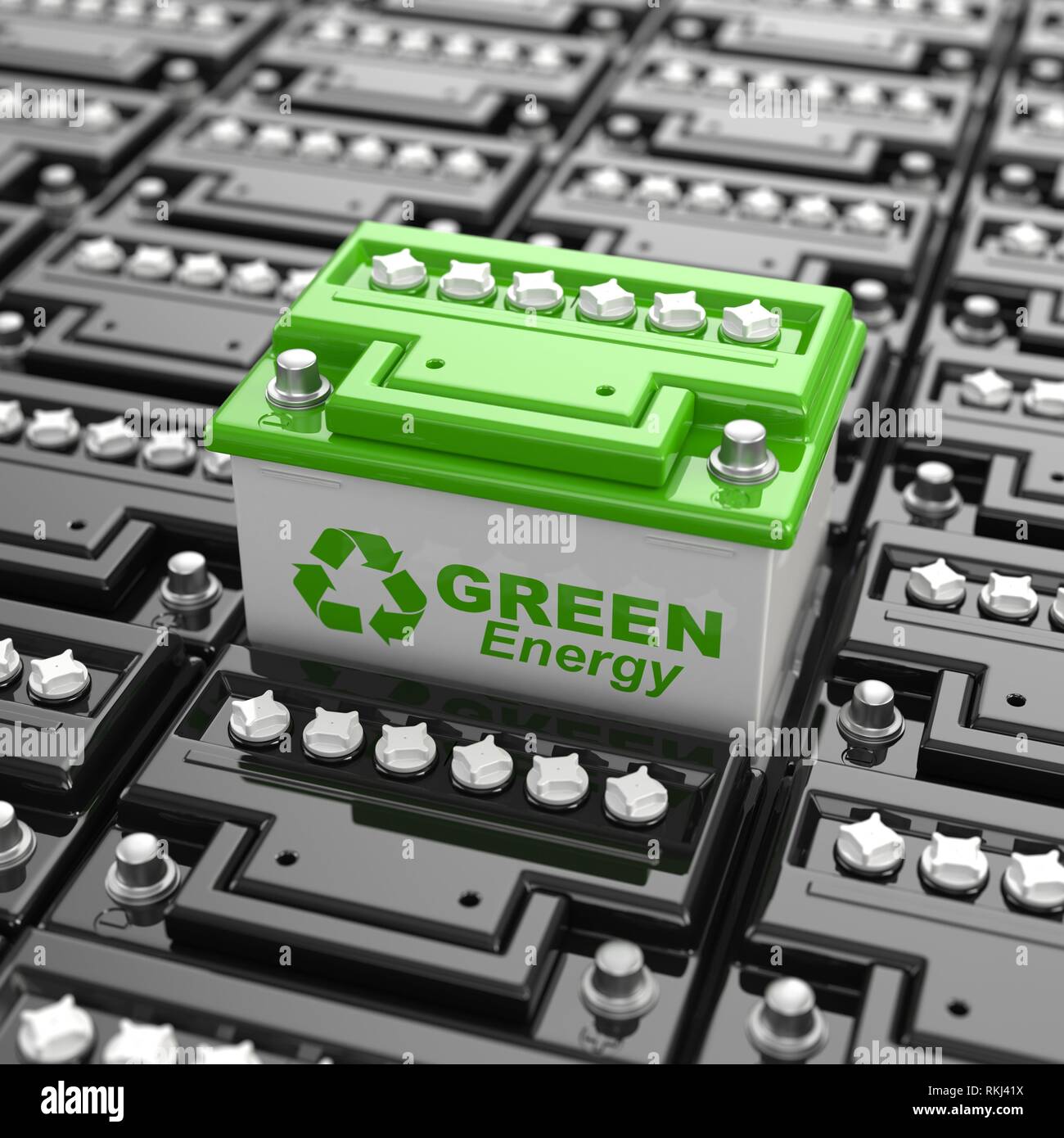 Car battery recycling. Green energy. Background from accumulators. 3d